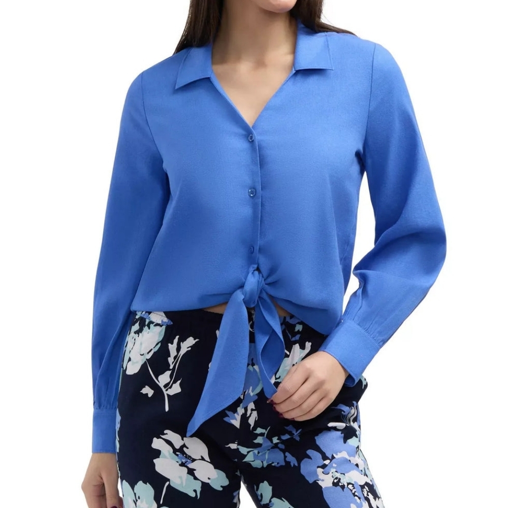 NWT Ellen Tracy Medium Blue Tie-Front Crop Blouse